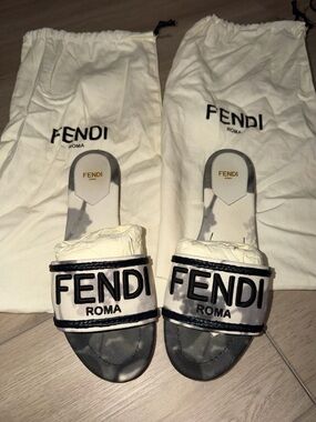 Fendi White and Black Logo Slide Sandals